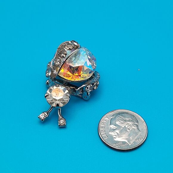 Vintage Bug Insect Rhinestone Brooch Pin, Aurora Borealis, Silver Tone - Picture 3 of 9